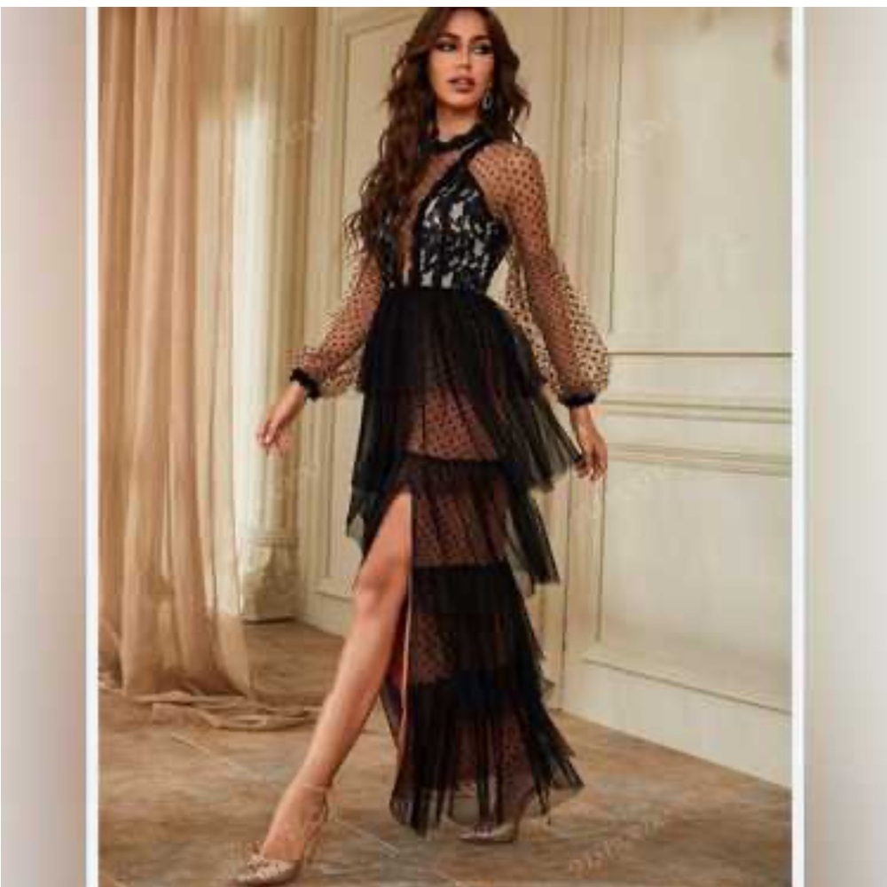 Giffniseti NWT Mesh Polkadot Whimsygoth Witchy Fairy Black Cream FlowyMaxi Dress